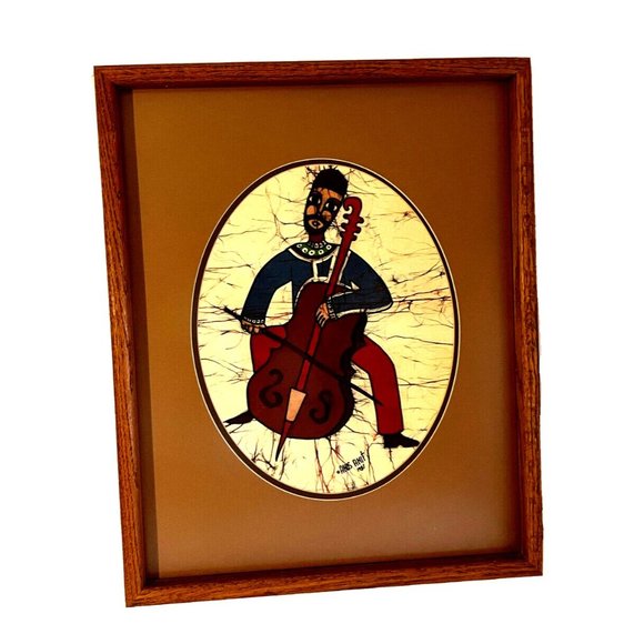 AMOS AMIT FIDDLER JUDAIC Batik Signed Painting 1981 Oval Mat Framed -Priced Each - Picture 5 of 12